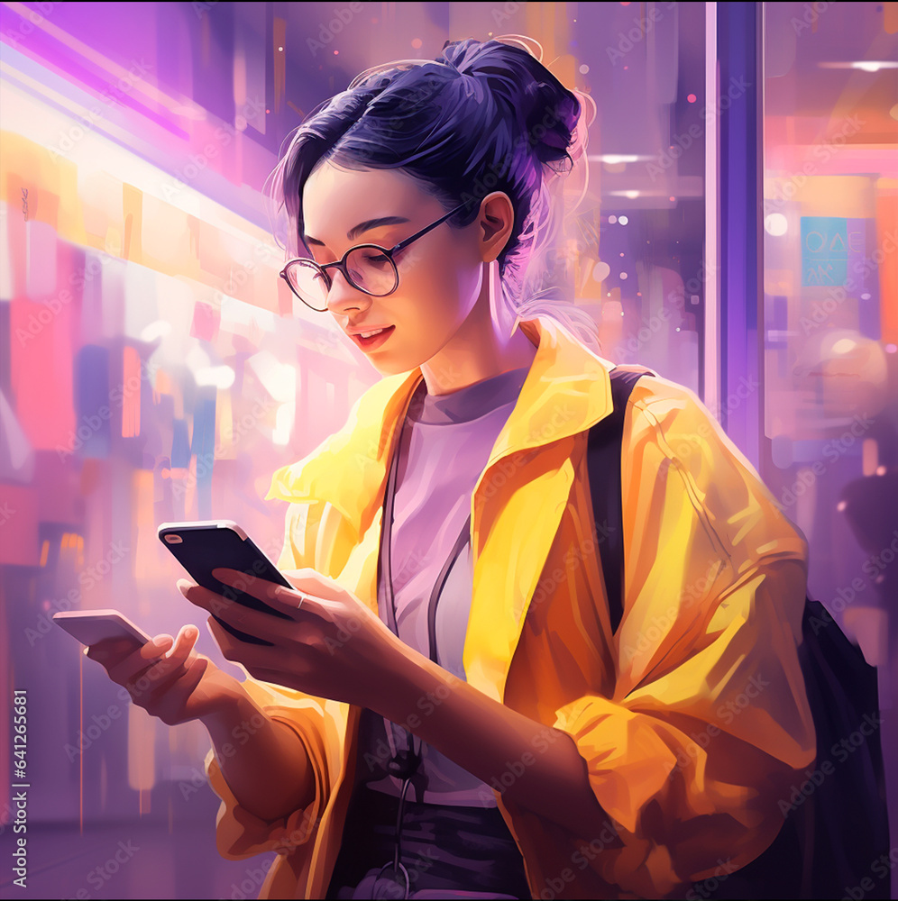 Woman shopping online with mobile phone and credit card. Curly-haired bun, black glasses and yellow and purple clothes.