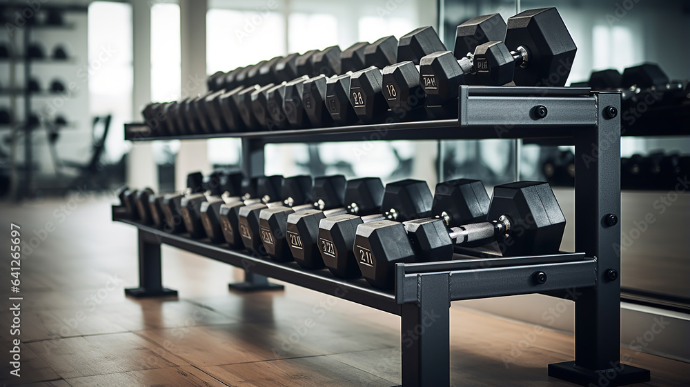 A variety of dumbbells in different weights neatly organized on a rack