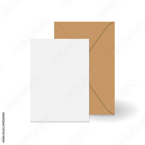 White standing greeting card and brown kraft paper envelope mockup template. Isolated on white background with shadow. Ready to use for your design or business. Vector illustration.