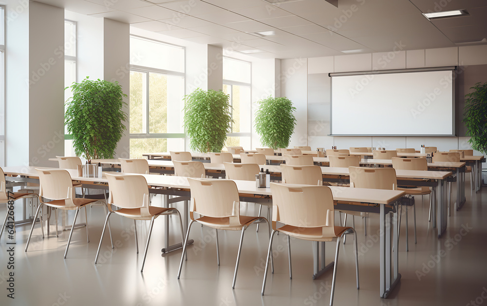 A well-organized conference room with chairs, tables, and presentation equipment A well-organized conference room with chairs, tables, and presentation equipment