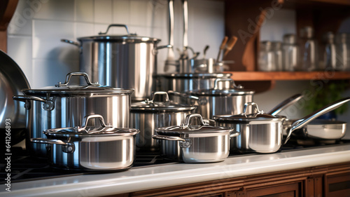 Pots and pans displayed in a neat kitchen setting
