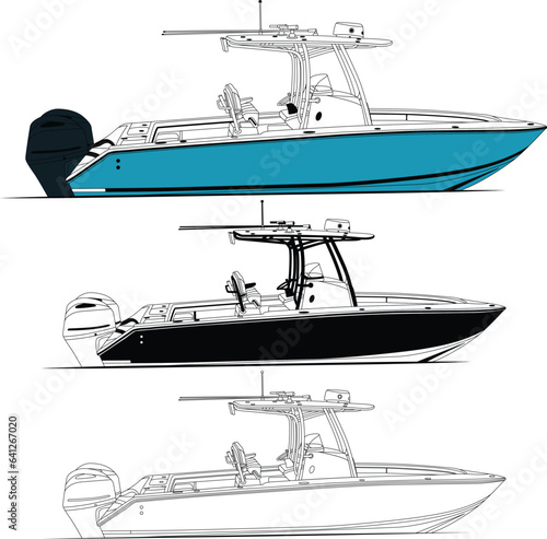 High quality side view fishing boat vector line art illustration and one color.