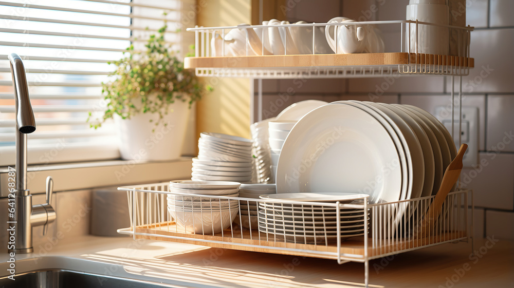 Dish rack with a clean kitchen setting Dish rack with a clean kitchen setting