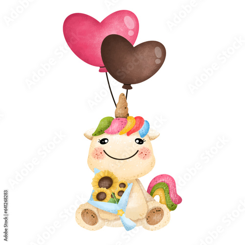 Happy Unicorn with heart balloon,watercolor,animal,cartoon character,cute,icon ,vector, illustration,hand drawn