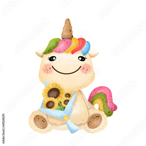 Happy Unicorn with sunflower,watercolor,animal,cartoon character,cute,icon ,vector, illustration,hand drawn