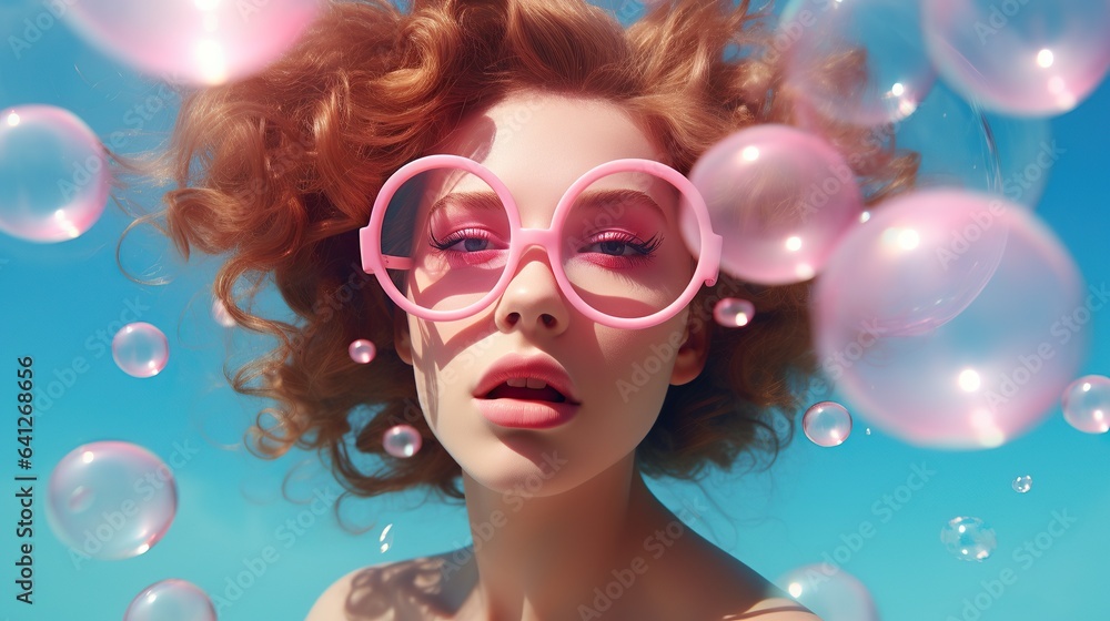 A bubbly and fashion-forward woman with a playful look of pink glasses and pink makeup exudes confidence and joy