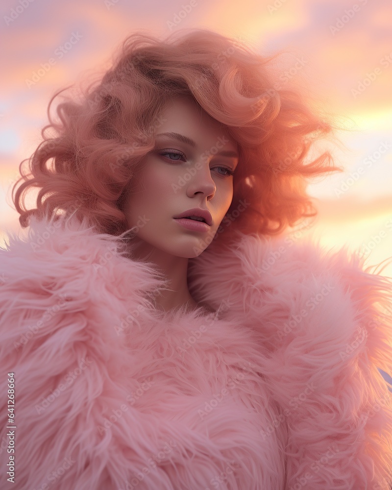 A young girl stands confidently in the open sky, her fashion-forward pink fur coat billowing in the breeze, radiating strength and courage
