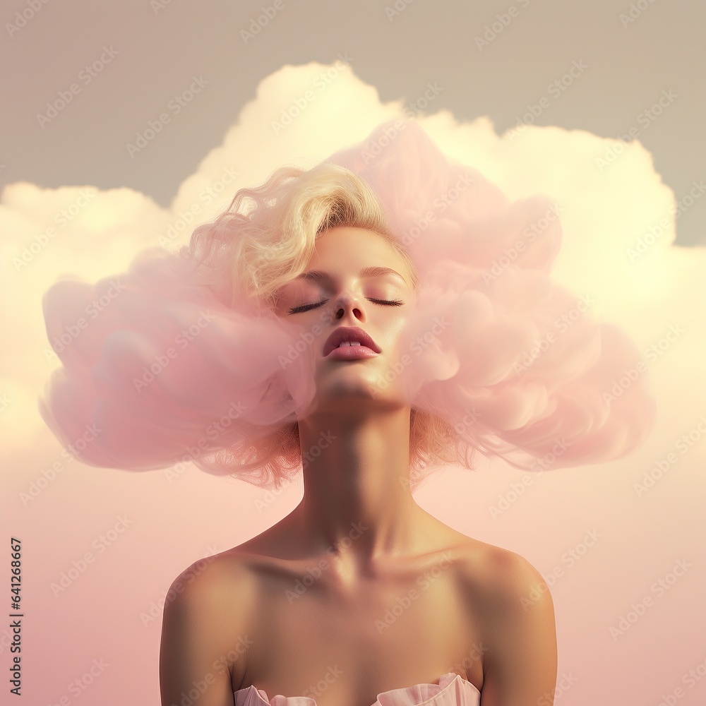 A vibrant portrait of a fashion-forward woman with pink hair against a backdrop of surreal pink clouds captures the wild beauty of her spirit