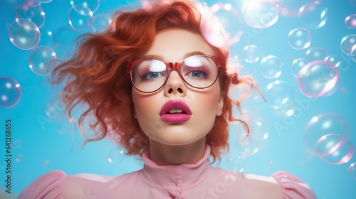 A vibrant and bubbly woman with red hair  pink lips  and glasses stands out against the backdrop of her surroundings  captivating onlookers with her unique beauty