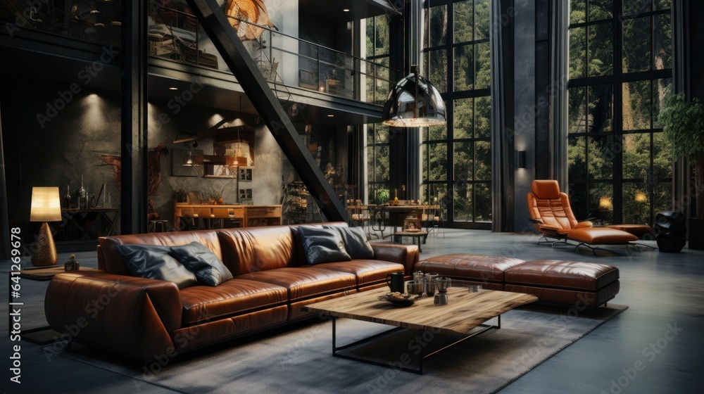 Interior of spacy loft style living room in luxury cottage. Dark grunge ...