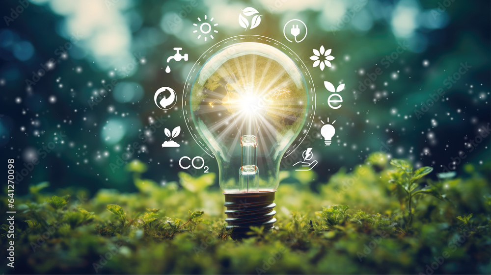 lightbulb in green forest with the icon environment of ESG, co2, circular company, and net zero. Technology Environment, Organization Sustainable development environmental - obrazy, fototapety, plakaty 