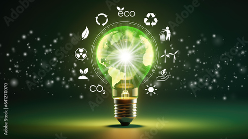 light bulb against nature on green background with icons energy sources for renewable, sustainable development. Ecology concept