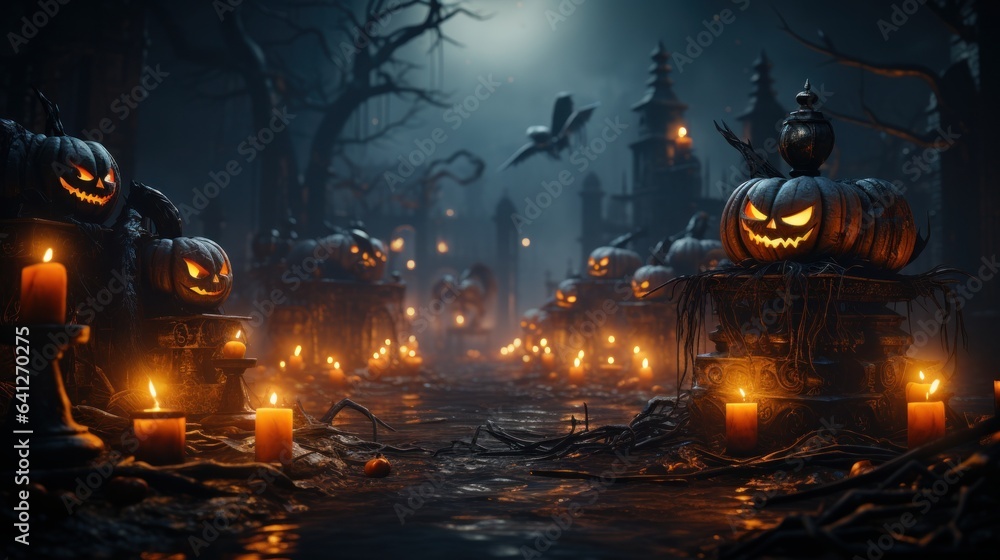 Dark tones Halloween composition in sinister cemetery alley under moonlight. Spooky pumpkin jack-o-lanterns, burning candles, gnarled bare trees, night fog. Halloween celebration concept.