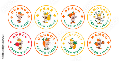 Set of stickers characters of fruit drink from mango, orange, lemonade, apple, carrot, pear, peach, pineapple. Isolated vector labels of mascots in groovy comic style on transparent background