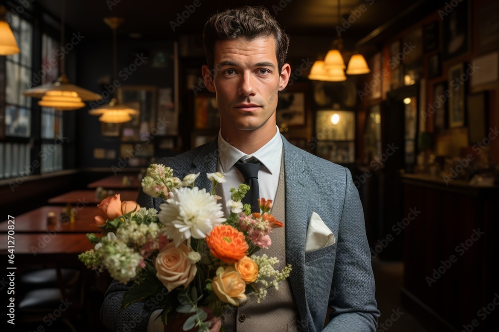 Groom To Be Holding A Bouquet Of Flower, Generative AI Groom To Be Holding A Bouquet Of Flower, Generative AI