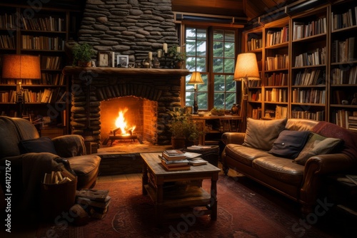 Cozy Living Room With A Crackling Fire, Generative AI © Shooting Star Std