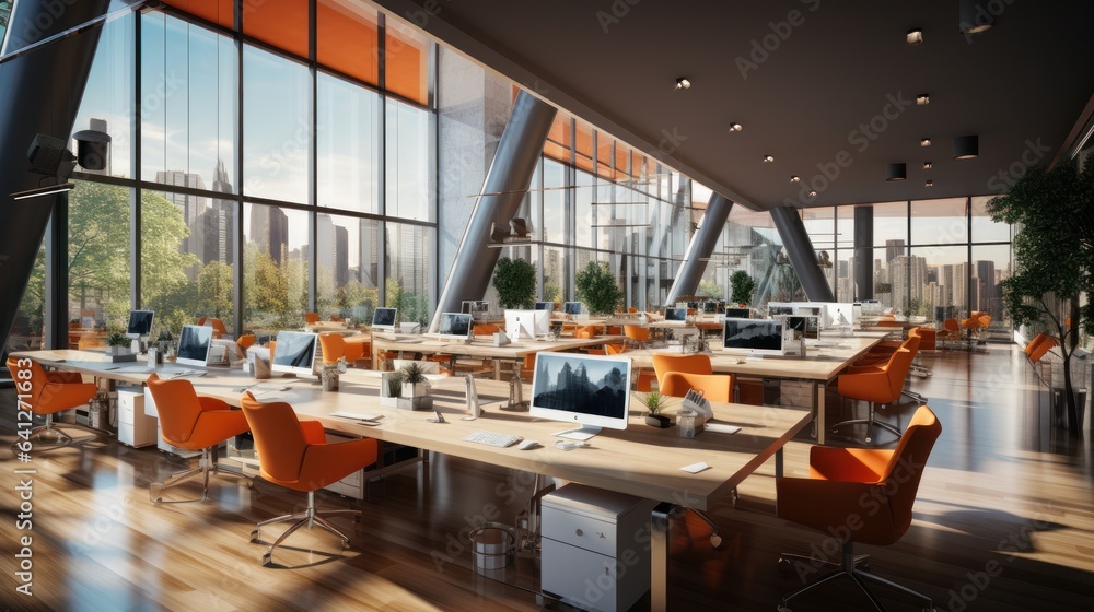 Modern open space office with no employees in luxury building. Wooden floor, large desks, office chairs, desktop computers. Glass walls with city park view. Interior design.