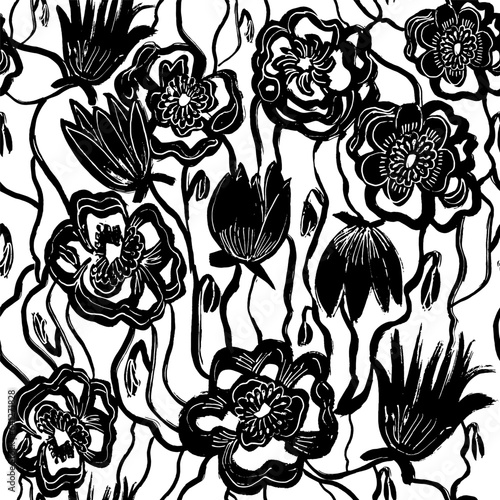 Vector seamless pattern  black abstract flowers tulips and piones . Botanical ink illustration with floral motif. Tulips and piones painted by brush. Hand drawn for fabric, wrapping paper, wallpaper d