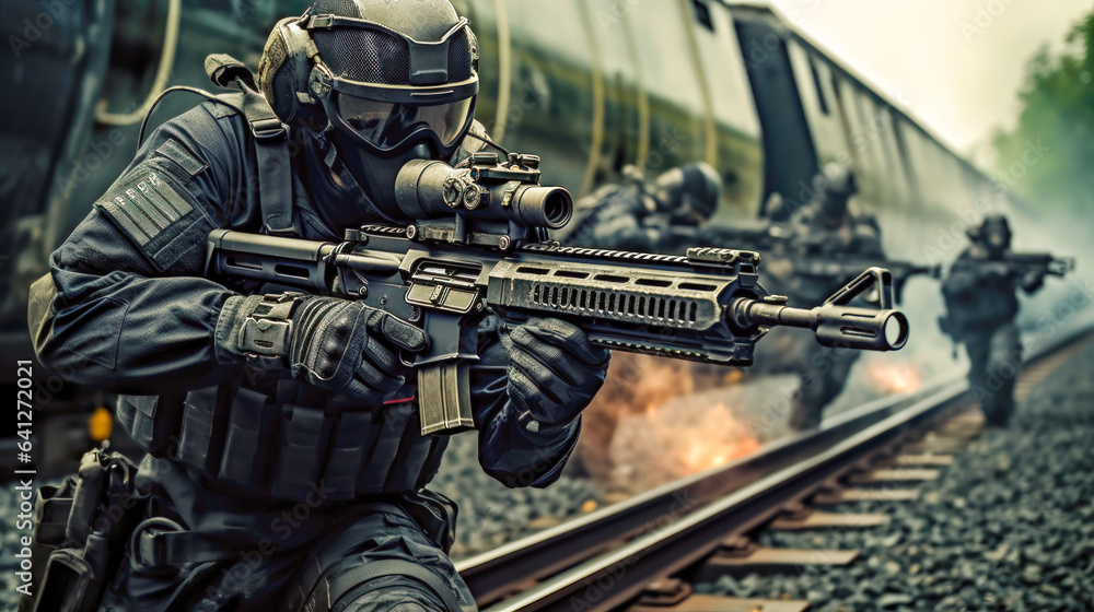 Special Ops Team in Action on Train Track AI Generated