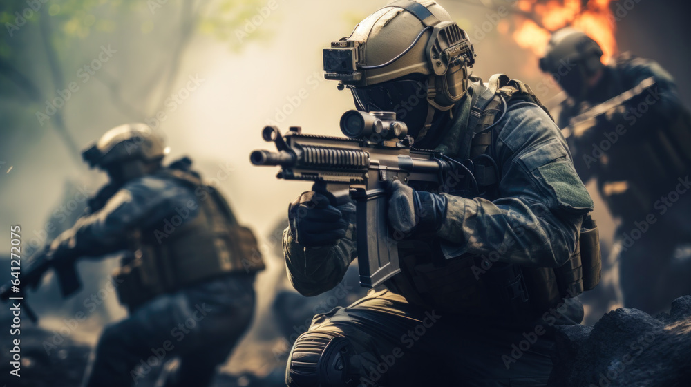 Fototapeta premium Combatants in a Firefight with Rifles and Protective Gear AI Generated