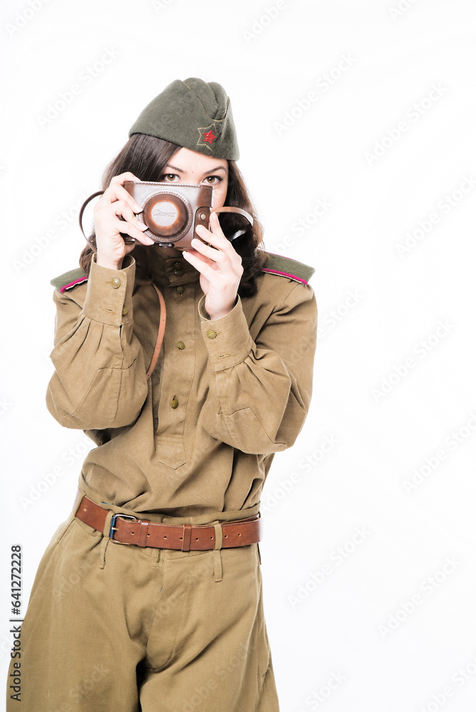 Woman in military costume, photographer, soviet wwii period, isolated on white background Woman in military costume, photographer, soviet wwii period, isolated on white background