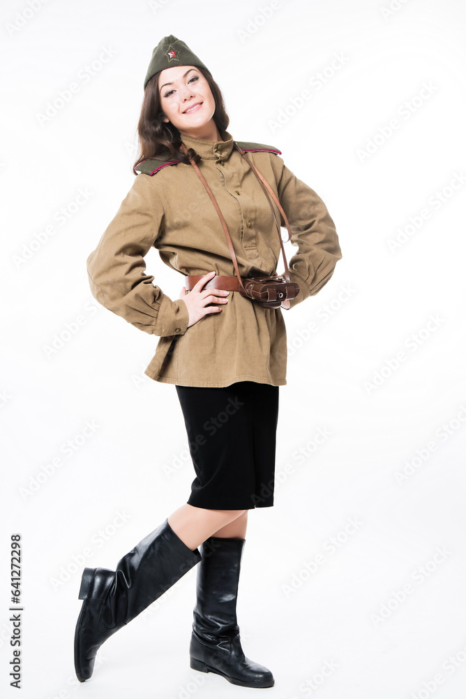 Woman in military costume, photographer, soviet wwii period, isolated on white background Woman in military costume, photographer, soviet wwii period, isolated on white background