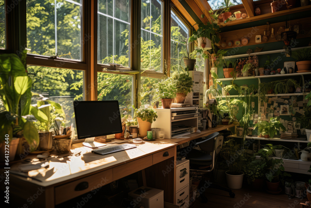 Creative Home Workspace With Plants Atrium, Generative AI