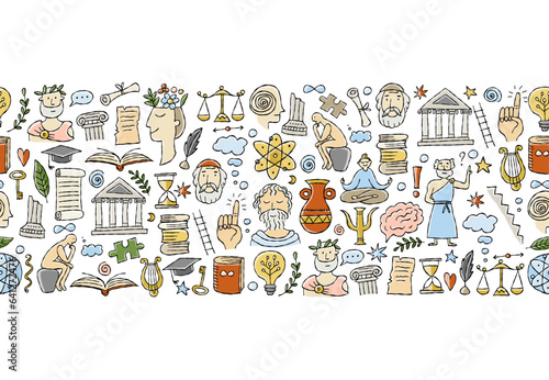 Philosophy concept art, hand-drawn philosophers and elements. Seamless pattern background for your design. Horizontal line