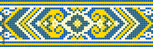 Vector illustration of Ukrainian ornament in ethnic style, identity, vyshyvanka, embroidery for print clothes, websites, banners. Background. Geometric design, border, copy space, frame