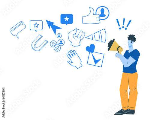 Strategy and techniques for digital marketing, SEO, and promotion in competitive business, concept of banner with promoter character, flat vector illustration isolated on white.
