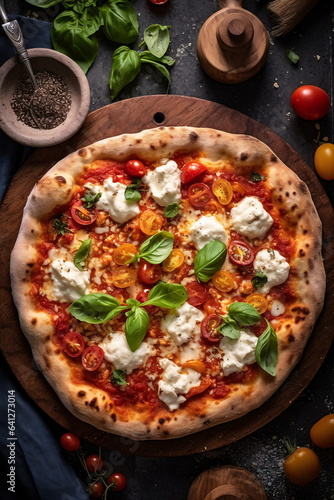 Delicious pizza with mozzarella on a wooden board