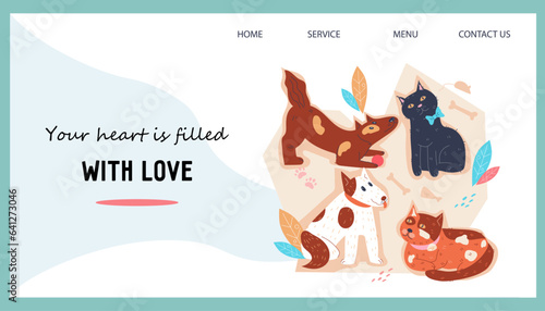 Charitable donation for homeless animals. Website banner template for animals shelter, veterinary help and charity, flat vector illustration.