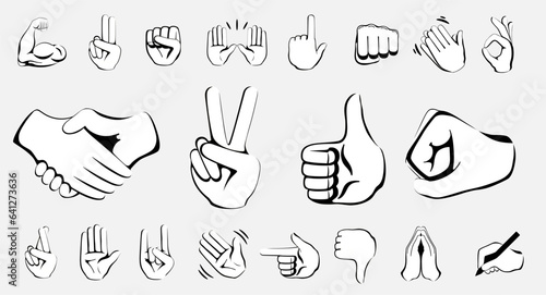 Collection of black and white hand gesture emojis. Handshake, biceps, applause, thumb, peace, rock on, ok, folding hands. Isolated vector illustration.
