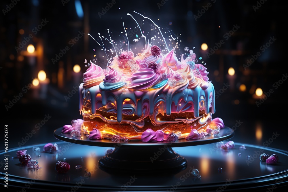 Colorful, neon, futuristic birthday cake poured with chocolate on a dark background. Cream splash.