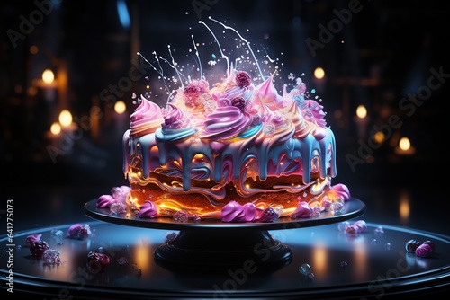Colorful, neon, futuristic birthday cake poured with chocolate on a dark background. Cream splash.