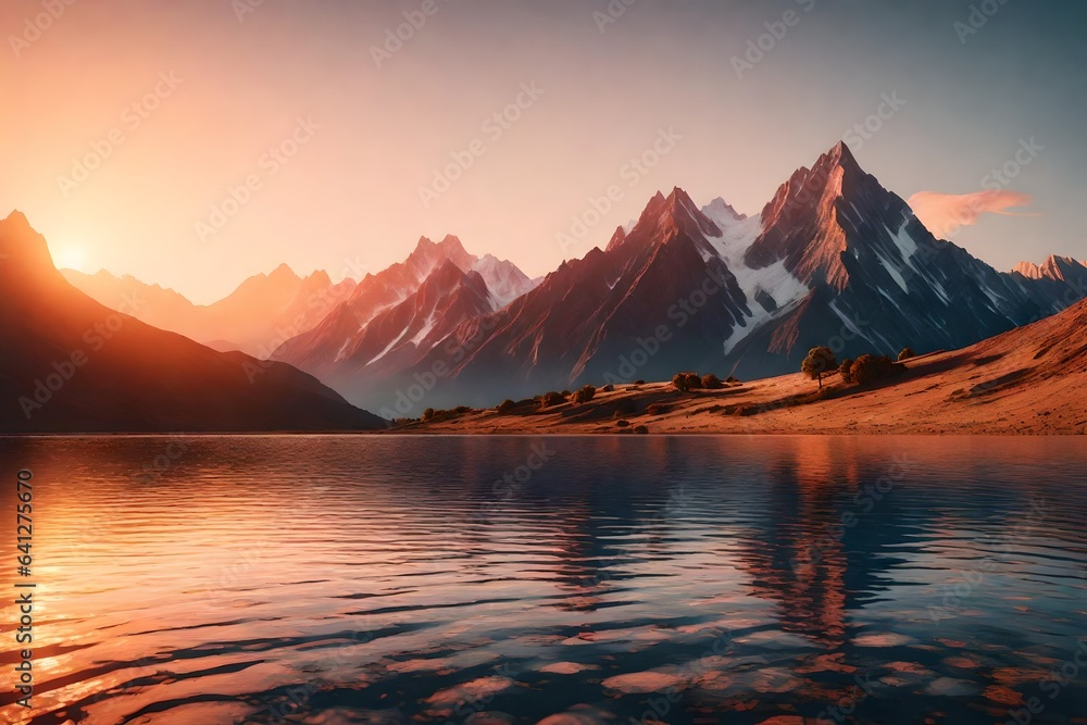 Mountains during sunset. Beautiful natural landscape in the summer time 3d render 