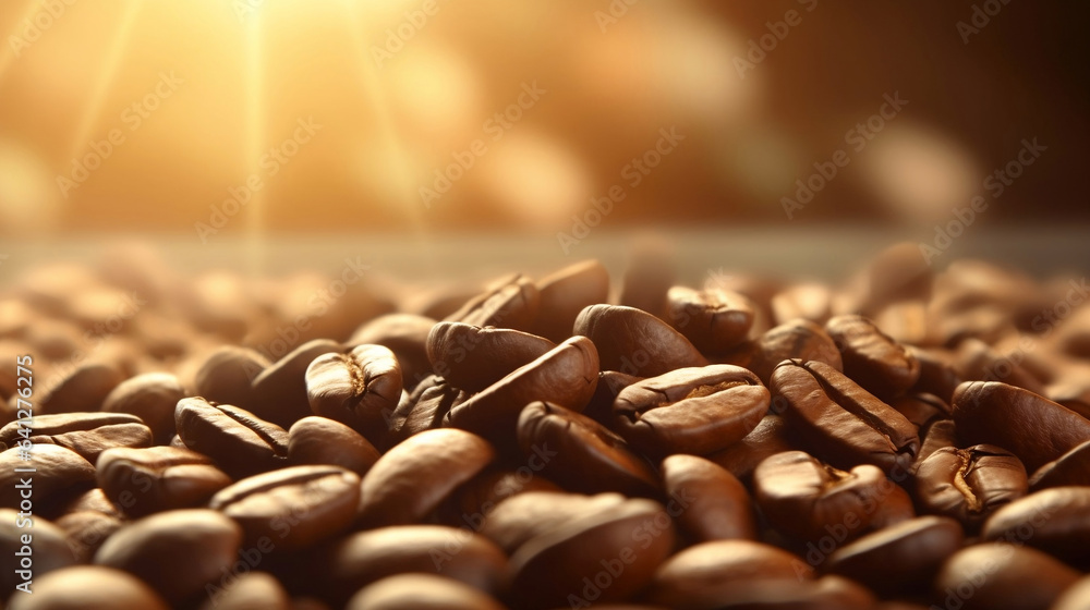 Freshly roasted coffee beans in the morning, background with beautiful light and copy space, close up shot. Freshly roasted coffee beans in the morning, background with beautiful light and copy space, close up shot.