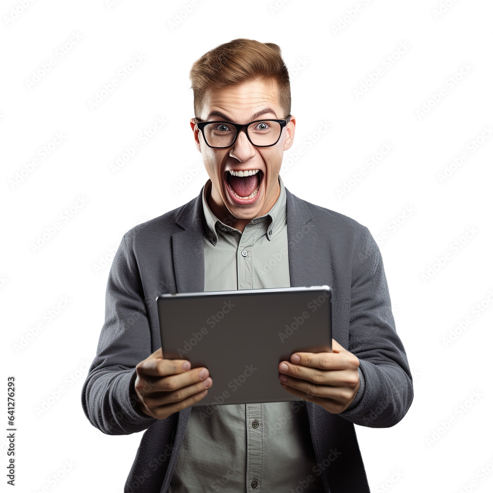 Happy student achieves online success with good outcome and celebrates with win gesture surrounded by free space against a beige transparent background Happy student achieves online success with good outcome and celebrates with win gesture surrounded by free space against a beige transparent background