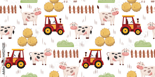 Agricultural farm background with a cute cow and tractor