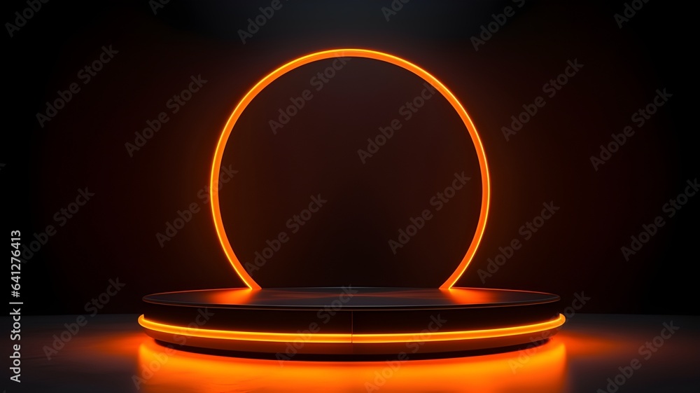 3D neon orange light podium stage for the mega sale special offer for the award or to display your brand. Generative AI. - obrazy, fototapety, plakaty 