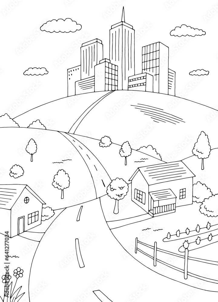 Road from the village to the city graphic black white vertical sketch illustration vector 