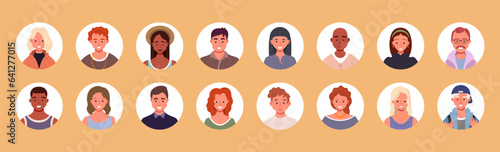 Bundle set of people avatars. User portraits in circles. Male and female human face icons. Smiling characters. Flat cartoon vector illustration.
