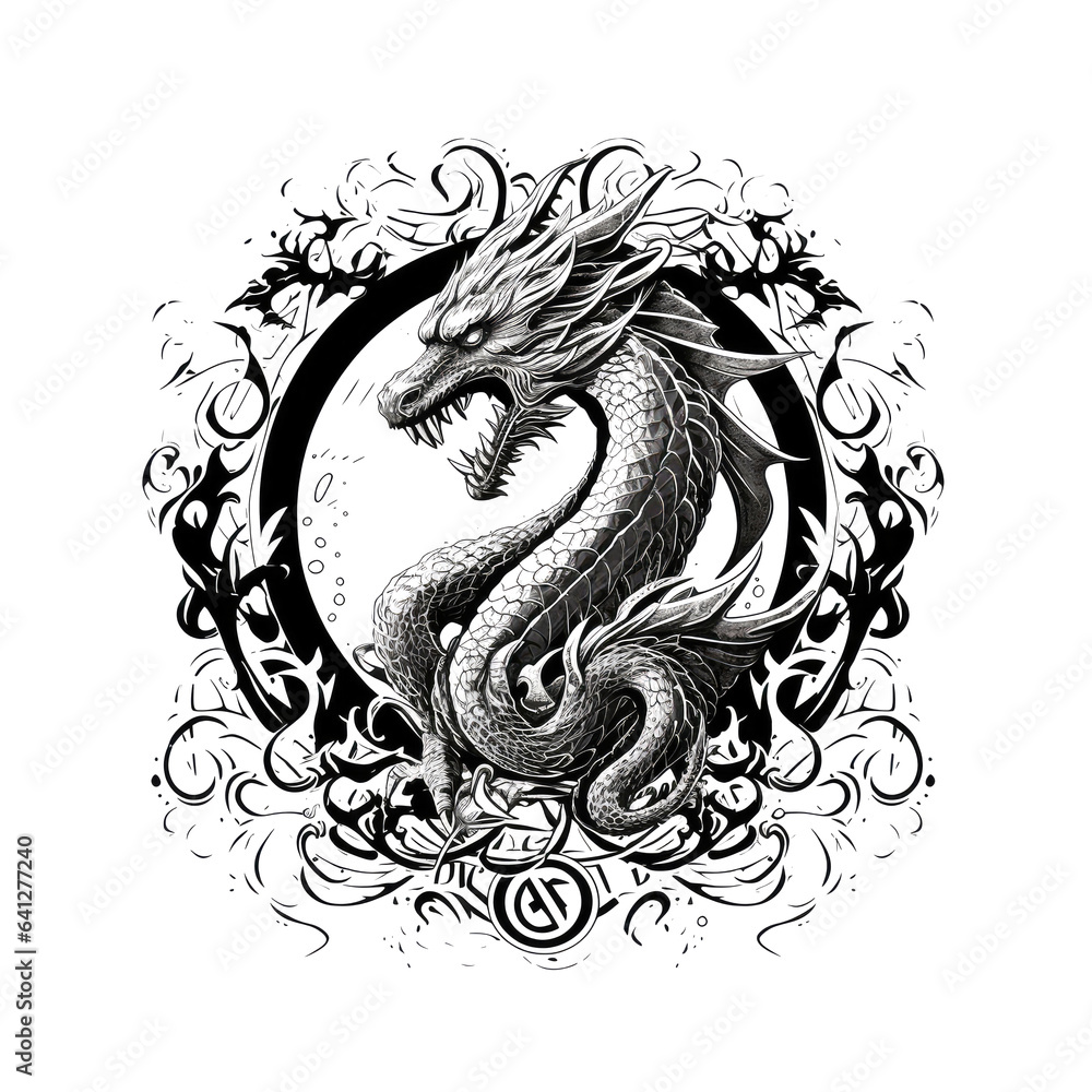 Ornate Dragon, Chinese Draco Tattoo, Minimal Fantasy Dragon Isolated, New Year 2024 Symbol Ornate Dragon, Chinese Draco Tattoo, Minimal Fantasy Dragon Isolated, New Year 2024 Symbol