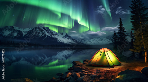 Glowing Camping Tent Under A Beautiful Aurora