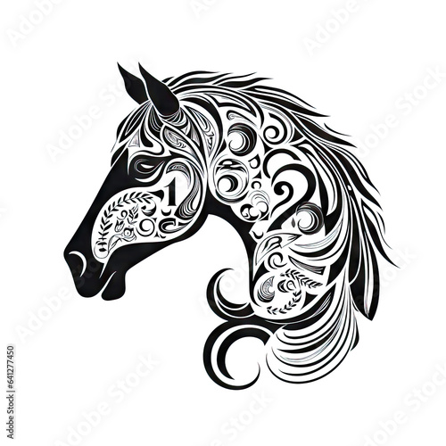 Ornate Horse Icon, Mare Portrait Isolated, Chinese Horoscope Minimal Horse Symbol on White © artemstepanov