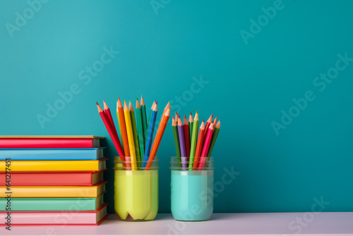 pencils in a glass. Colored Pencils, Books, and a Blue Surface with Copy Space: An Invitation to Creative Learning and School, copy space