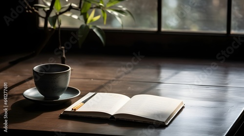 Photo of an open book and cup of coffee on a table