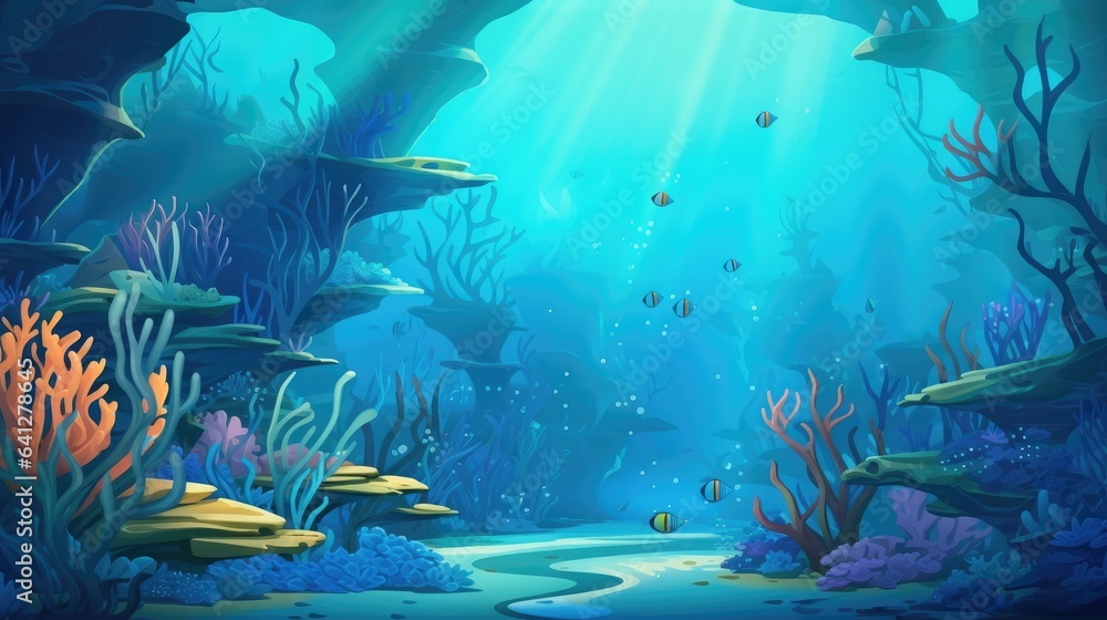 Cartoon underwater landscape for game level map with sea coral house ...