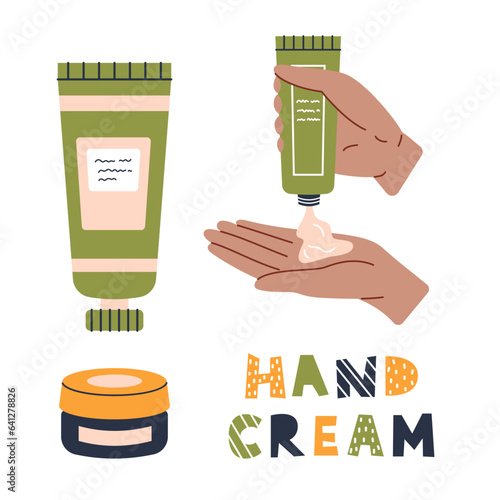 Vector cream tubes and cream jar in flat design. Beauty and skincare cosmetic set. Daily routine collection. Black skin hand squeezing cream from a green tube onto a palm. Hand cream text.