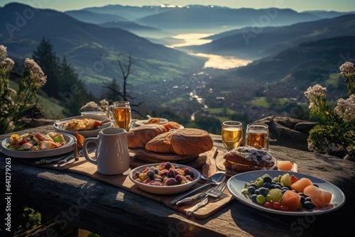 Healthy breakfast set on wooden table with mountain view , AI Generated © dark_blade